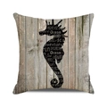 Nautical square pillow cover with black seahorse silhouette on vintage wood grain - 18x18 Inch / Style 31-Seahorse Word Cloud Vintage