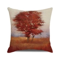 Fall themed square pillow cover featuring an oil painting of a red maple tree on linen fabric - Red Maple Field Oil Painting (11) / 45x45cm
