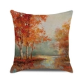 Detailed texture of cotton linen cushion cover with autumn landscape oil painting - Orange Red Maple Scenery (13) / 45x45cm