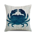 Square pillowcase with a blue crab silhouette over light wood grain texture - Vintage Crab Wood Grain Style
