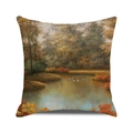 Macro detail of high-quality linen cushion cover featuring oil painting forest and swan scenery - Autumn Swan Lake Style (18) / 45x45cm