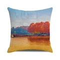 Detailed fabric texture of square pillowcase with autumn forest oil painting landscape - Red Leaves Bridge Lake (19) / 45x45cm