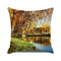 Macro detail of textured cushion cover featuring a golden autumn forest landscape print - Autumn Lakeside Vista (20) / 45x45cm