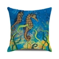 Square decorative pillow featuring golden seahorses and green seaweed ocean art design - Art Seahorse Seaweed Style
