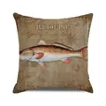 Vintage watercolor redfish printed on cotton linen square cushion cover with map pattern - Vintage Redfish Old Map Background Pattern (38)