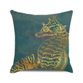 Housse de coussin bleu sarcelle foncé avec motif hippocampe doré et corail texturé - 45x45cm / Style Hippocampe Doré et Corail (32)