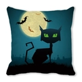 Halloween throw pillow cover featuring a black cat, full moon, and bats design - Green-eyed Black Cat Full Moon Bat Style (34)