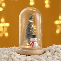 Mini Christmas tree with snowman in glass dome on wood base with warm LED lights - Snowman