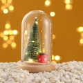Nahaufnahme eines beleuchteten Mini-Weihnachtsbaums im Glasdom mit Holzsockel und LED - Geschenktüten Stil
