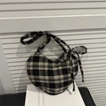 Elegant heart-shaped tote bag in black and white plaid fabric with bow detail - Black