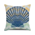 Decorative square pillowcase featuring a large blue scallop shell on a wavy background - Deep Blue Scallop Geometric Style