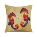 Housse de coussin carrée avec motif hippocampe coloré en style abstrait sur tissu beige - 45x45cm / Style Hippocampe Art Fluide (34)