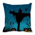 Halloween pillow cover with black scarecrow and glowing pumpkins on navy blue background - Scarecrow Silhouette Jack-o-lantern Style (36)