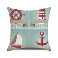 Square nautical linen pillow case featuring navy anchor and lighthouse sailing motifs - Light Blue Red Beige Four Grid Style (33)