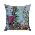 Housse de coussin décorative motif hippocampe aquarelle sur toile texturée - 45x45cm / Style Artistique Hippocampe et Bulles (35)