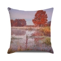 Square fall cushion cover featuring red maple trees and a serene lake landscape design - Morning Mist Maple Lake (21) / 45x45cm