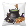 Halloween Kissenbezug mit schwarzen Katzen, Hexenkessel und Happy Halloween Aufdruck - Hexenkessel-Schwarze-Katze-Stil (36)
