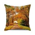 Square autumn forest pillow cover with golden fall trees and path printed on linen texture - Golden Forest Trail Style (23) / 45x45cm