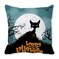 Halloween throw pillow cover featuring a black cat, moon and Happy Halloween text - Blue Green Tone Green-eyed Black Cat Full Moon Style (39)