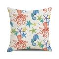 Housse de coussin en lin avec motifs d'octopus, hippocampe et étoile de mer - 45x45cm / Style Combo Vie Marine Aquarelle (38)