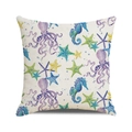 Housse de coussin décorative avec pieuvre et étoile de mer en coton et lin blanc - 45x45cm / Style Poulpe Violet et Étoile de Mer (39)