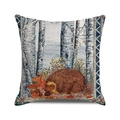 Watercolor hedgehog and birch tree cushion cover with blue checkered border - 18x18 Inch / Forest Hedgehog Birch Tree / 40