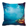 Détail de la taie d'oreiller d'Halloween avec citrouilles lumineuses et scène de cimetière - 45x45 cm / Style Cimetière Brumeux et Citrouille(20) / Bleu Foncé Cyan