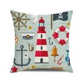 Nautical theme cushion cover with watercolor lighthouse and anchor print on linen texture - Red White Lighthouse Marine Cartoon Illustration Style (40)