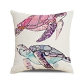 Detailed view of watercolor sea turtle print on linen-textured square cushion cover - Pink and Purple Dual Turtles (ZX309-2) / 18x18 Inch