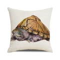 Close-up of watercolor turtle print on natural linen square cushion cover fabric texture - Impressionist Watercolor Tortoise (ZX309-4) / 18x18 Inch