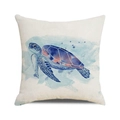 Detailed macro view showing the coarse linen texture and watercolor turtle on cushion cover - Deep Blue Gradient Turtle (ZX309-5) / 18x18 Inch