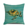 Detailed view of sea turtle print on square pillowcase with green wood grain texture - Realistic Orange Green Turtle (ZX309-18) / 18x18 Inch / Green