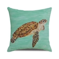 Detailed close-up showing the linen texture and turtle oil painting on the cushion cover - Oil Painting Style Cyan Turtle (ZX309-17) / 18x18 Inch / Turquoise Green