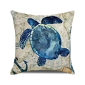 Detail of watercolor sea turtle pillowcase showing nautical map texture and fabric weave - Vintage Nautical Chart Blue Turtle (ZX309-19) / 18x18 Inch / Blue