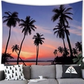 Tropical sunset beach tapestry featuring palm tree silhouettes over a grey sofa scene - Short Plush / Purple Sunset (2) / 100x70cm