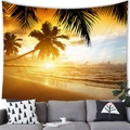 Detailed view of sunset beach tapestry with palm trees hanging above a grey sofa - 4 / 100x70(Short Plush)