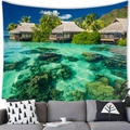 Detail of tropical beach tapestry with water villas and turquoise sea above a sofa - 8 / 100x70(Short Plush)