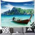 Detail of tropical beach landscape tapestry with longtail boat over a grey sofa - 10 / 100x70(Short Plush)