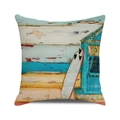 Detail showing the textured linen fabric and vintage surfboard art on square cushion cover - Coastal Cottage Surfboard / 18x18 Inch