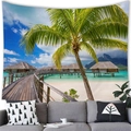 Tropical island tapestry with palm trees and water villas over a modern grey sofa décor - Peach Skin / 100x70cm / Tropical Island Boardwalk Style (10)