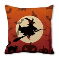 Detail des Halloween-Kissenbezugs mit Hexensilhouette, Fledermäusen und Kürbissen auf Orange - 45x45cm / Oranger Kürbis Schwarze Katze Schloss Stil (2)