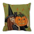 Close-up of Halloween pillow cover featuring hand-drawn witch, black cat and pumpkin art - 45x45cm / Retro Green Witch Pumpkin Style (7)