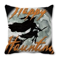 Detail of Happy Haunting Halloween cushion cover with witch silhouette on moon - 45x45cm / Black Grey Orange Happy Haunting Style (13)