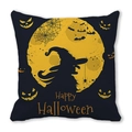 Detail of Halloween pillow case with witch silhouette, full moon, and pumpkin graphics - 45x45cm / Black Base Full Moon Witch Bat Pumpkin Style (14)