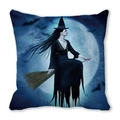 Detailed view of gothic witch on broom with moon print on a square pillow case cover - 45x45cm / Gothic Cold Tone Witch Moon Night Style (15)