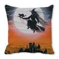 Detail of Halloween pillow case with witch and black cat riding broom silhouette - 45x45cm / Exquisite Illustration Twilight Witch Style (19)