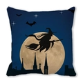 Detail of Halloween pillowcase with witch on broom, moon, bats and castle silhouette - 45x45cm / Dark Blue Dark Castle Witch Style (20)