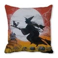 Detail of square Halloween cushion cover featuring flying witch and moon silhouette - 45x45cm / Hand-painted Red Cloud Moon Night Witch Style (18)