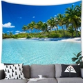 Tropical beach tapestry with palm trees and blue ocean over a modern gray sofa decor - Peach Skin / 100x70cm / Blue Sea Sky Palm Forest Style (12)