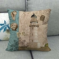 Close-up of linen cushion cover with lighthouse and maritime vintage map patterns - 45x45cm / Lighthouse and Conch Stamp (Style 4)